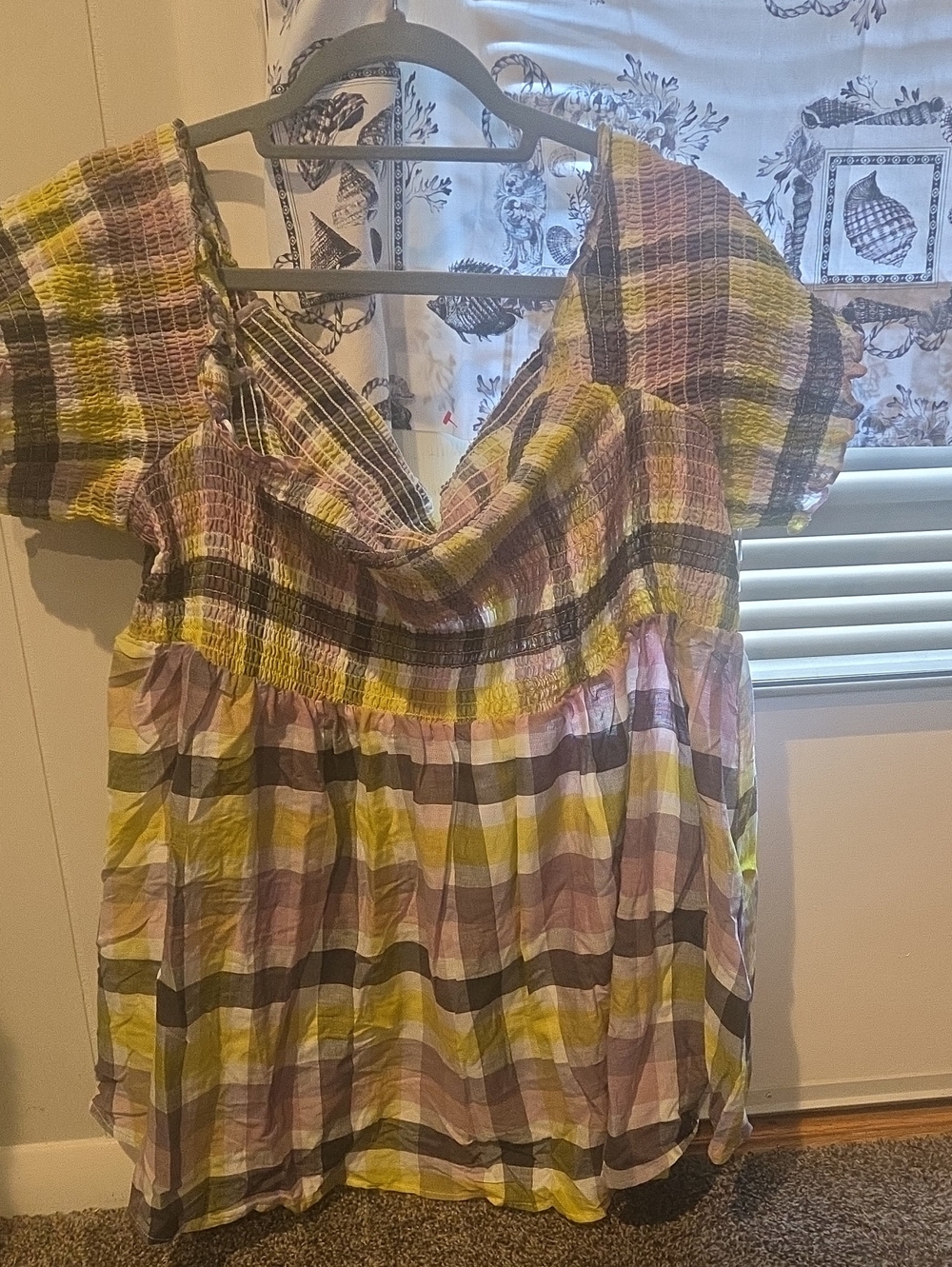 Women’s Plaid Shirred Babydoll Top - Yellow & Pink
